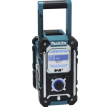 Stavební rádio Makita s Bluetooth, DAB plus, FM, digitálním displejem, rukojetí a robustním krytem.