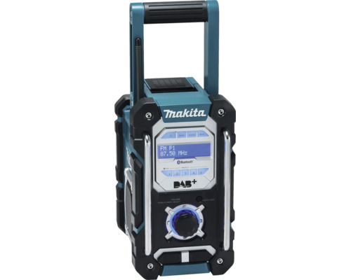 Stavební rádio Makita s Bluetooth, DAB plus, FM, digitálním displejem, rukojetí a robustním krytem.