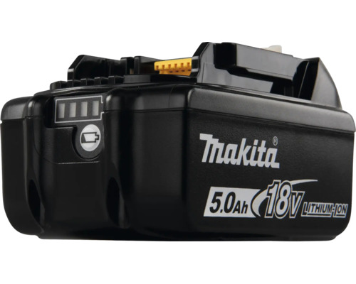 Akumulátor Makita 18 Voltů 5,0 Ampérhodin Lithium-Ion s indikátorem stavu nabití.