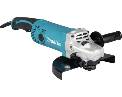 Úhlová bruska Makita s boční rukojetí, ochranným krytem a Makita Logo.