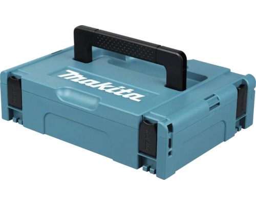 Kufr Makita MAKPAC s Makita Logo, černou rukojetí a čtyřmi uzávěry pro ukládání a přepravu nářadí.