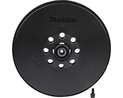 Brusný talíř Makita pro excentrické brusky s osmi odsávacími otvory a upevňovacím šroubem. Logo Makita.