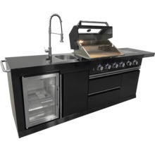 Černá venkovní kuchyně s grilem, dřezem, vodovodním kohoutkem a chladničkou