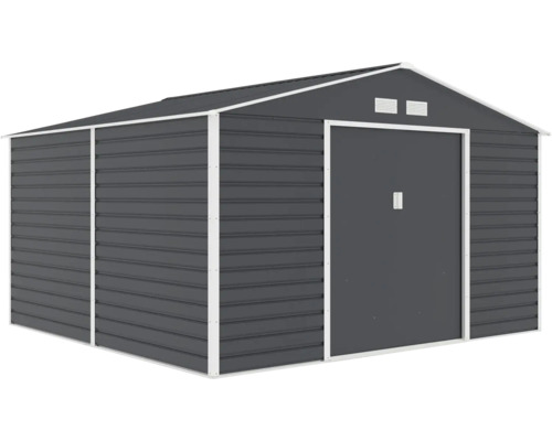 Kovový zahradní domek se sedlovou střechou, posuvnými dveřmi a větracími otvory.