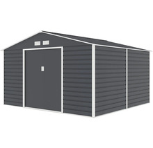 Kovový zahradní domek antracitový s bílým rámem, sedlovou střechou, dvojitými posuvnými dveřmi a větracími otvory.