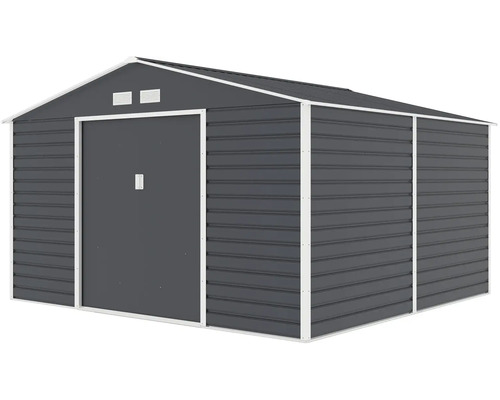 Kovový zahradní domek antracitový s bílým rámem, sedlovou střechou, dvojitými posuvnými dveřmi a větracími otvory.