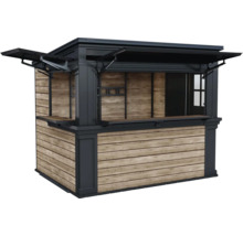 Prodejní stánek ze dřeva s policemi a otevírací střechou