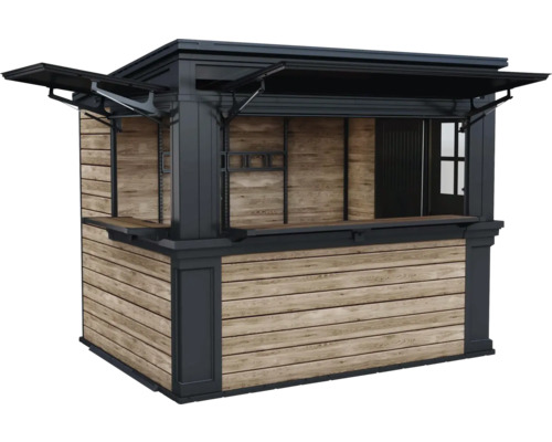 Prodejní stánek ze dřeva s policemi a otevírací střechou