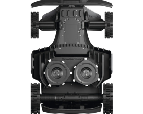 Spodní strana robotické sekačky MowMentum s řeznými nástroji a pásovým pohonem