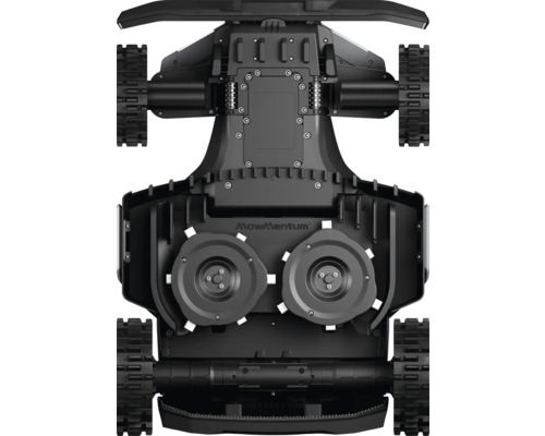 Spodní strana robotické sekačky MowMentum s koly a noži