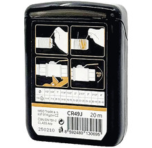 Zadní strana obalu 20metrové těsnicí šňůry na závity s ilustrovaným návodem k použití na potrubní závity a tabulkou velikostí.