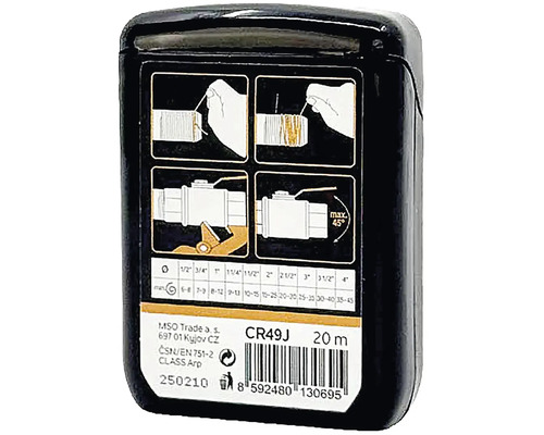 Zadní strana obalu 20metrové těsnicí šňůry na závity s ilustrovaným návodem k použití na potrubní závity a tabulkou velikostí.