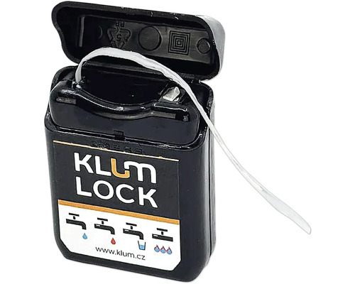 Těsnicí vlákno Klum Lock v černém dávkovači pro vodovodní instalace.