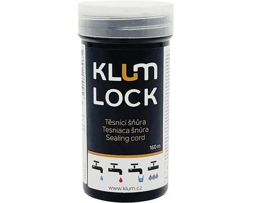 Těsnicí šňůra KLUM LOCK 160 metrů v plastové dóze pro studenou vodu, teplou vodu, pitnou vodu a plyn, KLUM LOCK Logo.