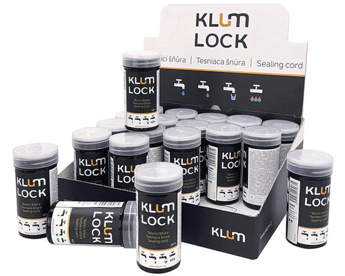 Těsnicí šňůra KLUM LOCK v prodejním displeji, vhodná pro pitnou vodu, plyn, studenou vodu a teplou vodu.