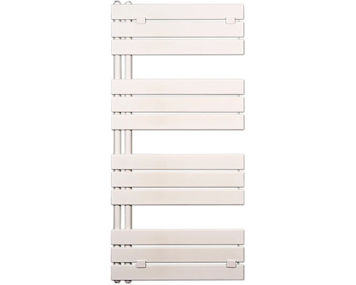 Bílý koupelnový radiátor s plochými vodorovnými panely a asymetrickým bočním připojením.