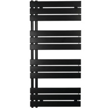 Černý koupelnový radiátor s asymetrickými plochými příčkami pro snadné zavěšení ručníků.