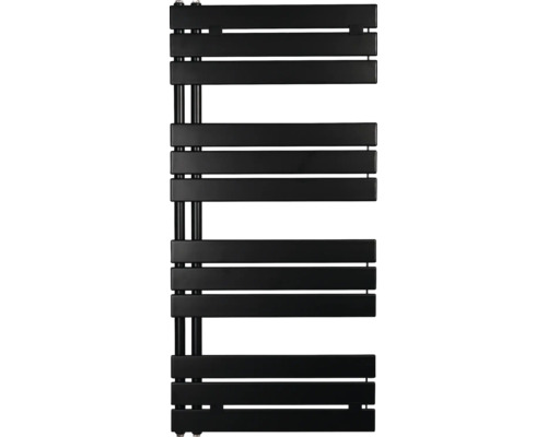 Černý koupelnový radiátor s asymetrickými plochými příčkami pro snadné zavěšení ručníků.