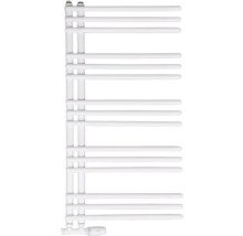 Bílý koupelnový radiátor s vodorovnými trubkami otevřenými na jedné straně a termostatem vlevo dole.