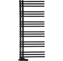 Černý koupelnový radiátor ve tvaru žebříku s bočně otevřenými kulatými trubkami.