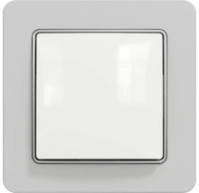 Moderní světelný spínač s bílou kolébkou a stříbrným rámečkem.