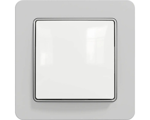 Rámeček Schneider Electric SEDNA AMSDD393801 šedý Moderní světelný spínač s bílou kolébkou a stříbrným rámečkem.