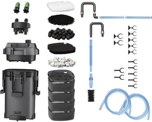 Sada vnějšího filtru Tetra pro akvária s filtračními médii, hadicemi, trubkami a přísavkami. Tetra Logo.