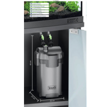 Vnější filtr Tetra pro akvária ve skříňce s rozměry 45 centimetrů na výšku, 22 centimetrů na šířku a 22 centimetrů do hloubky a Tetra Logo.