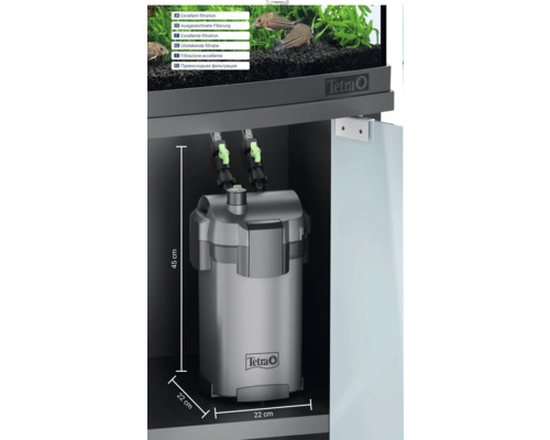 Vnější filtr Tetra pro akvária ve skříňce s rozměry 45 centimetrů na výšku, 22 centimetrů na šířku a 22 centimetrů do hloubky a Tetra Logo.