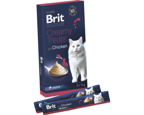 Brit Creamy Treats s kuřecím masem pro kočky, balení se šesti jednotlivými porcemi