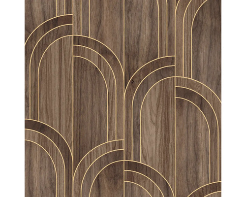 Tapeta se vzorem tmavého dřeva a zlatým geometrickým motivem Art Deco s oblouky a svislými liniemi.