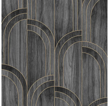 Vliesová tapeta se vzhledem dřeva, tmavá kresba dřeva s geometrickým vzorem Art Deco ze zlatých oblouků a linií.