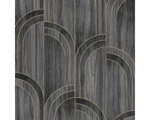 Vliesová tapeta se vzhledem dřeva, tmavá kresba dřeva s geometrickým vzorem Art Deco ze zlatých oblouků a linií.