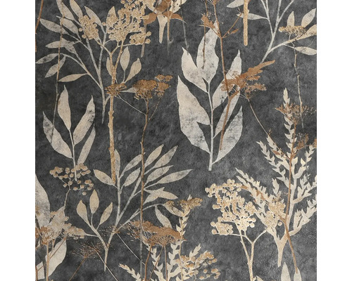 Vliesová tapeta s botanickým vzorem listů a okolíkatých květů v šedé a zlaté barvě na tmavém podkladu.