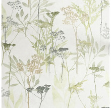 Vliesová tapeta s botanickým vzorem trav, listů a lučních květin v jemných přírodních tónech na světlém podkladu.