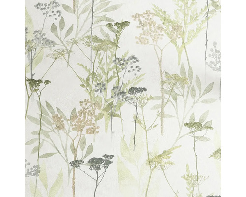 Vliesová tapeta s botanickým vzorem trav, listů a lučních květin v jemných přírodních tónech na světlém podkladu.