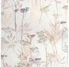 Tapeta s botanickým vzorem, luční květiny a listy v růžové, fialové a béžové barvě.