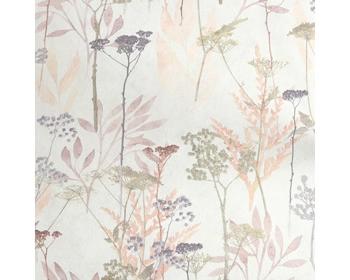 Tapeta s botanickým vzorem, luční květiny a listy v růžové, fialové a béžové barvě.