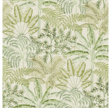 Vliesová tapeta s tropickým vzorem palmových listů, kapradin a banánovníků.