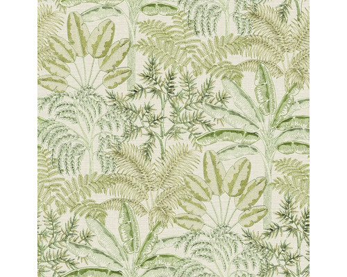 Vliesová tapeta s tropickým vzorem palmových listů, kapradin a banánovníků.