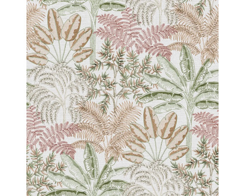 Tapeta s botanickým vzorem banánovníků, kapradin a palmových listů v tlumených tónech na světlém podkladu.