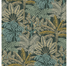 Tapeta s motivem tropické džungle, detailní vyobrazení palmových listů, banánových listů a kapradin.