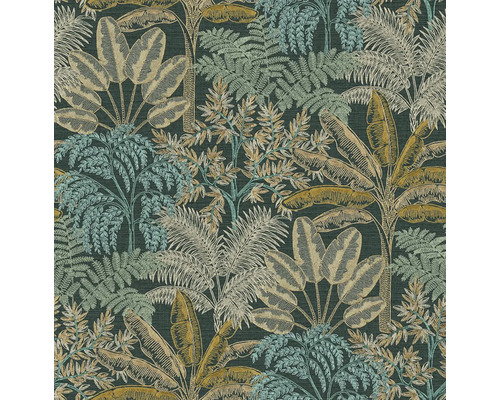 Tapeta s motivem tropické džungle, detailní vyobrazení palmových listů, banánových listů a kapradin.