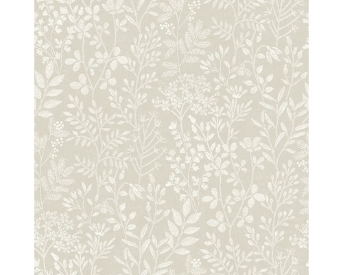 Tapeta s jemným botanickým vzorem květin a listů.