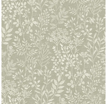 Vliesová tapeta s bílým květinovým vzorem listů a květů na zeleném pozadí s jemnou texturou.