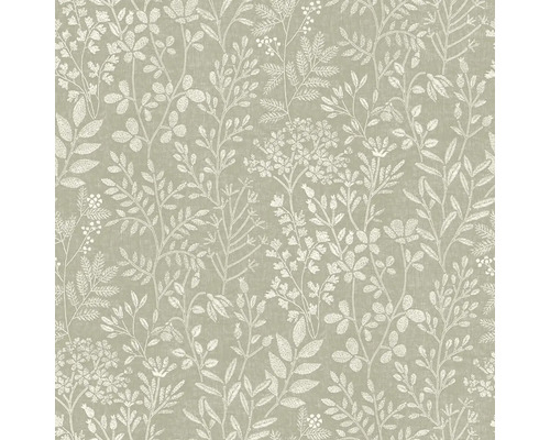 Vliesová tapeta s bílým květinovým vzorem listů a květů na zeleném pozadí s jemnou texturou.