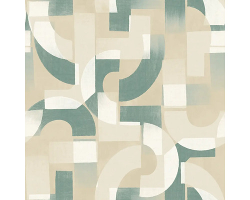 Tapeta s abstraktním geometrickým vzorem z oblouků a obdélníků v béžové, zelené a bílé barvě s optikou tahů štětcem.