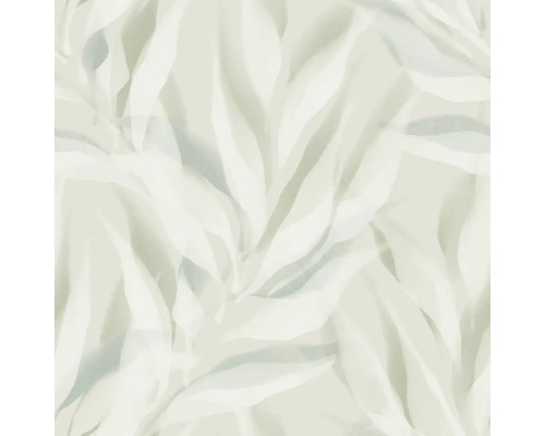 Tapeta se vzorem překrývajících se stylizovaných listů ve světlých odstínech a akvarelovém stylu.