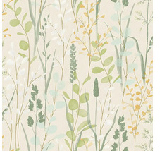 Vliesová tapeta s botanickým vzorem trav, listů a stonků v akvarelovém stylu.