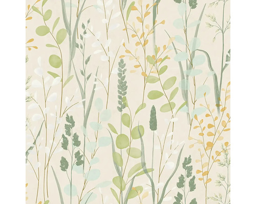 Vliesová tapeta s botanickým vzorem trav, listů a stonků v akvarelovém stylu.